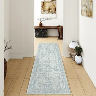 HUGEAR Vintage Blau Waschbarer Teppich 60x180cm LäUfer Flur rutschfest Weich Vorzimmer Tepich Kurzflor Schlafzimmer Retroteppiche KüChe Bedroom Brücken Hallway Carpet