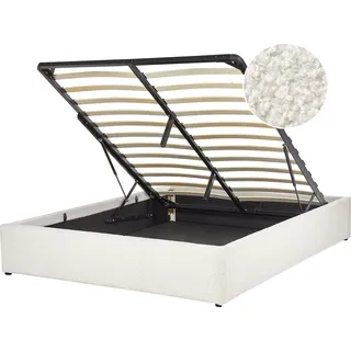 BELIANI Polsterbett Cremeweiß Bouclé Stoffbezug mit Lattenrost 140 x 200 cm Hochklappbar Bettkasten Skandi Modern Doppelbett Schlafzimmer Ausstattung - Weiß
