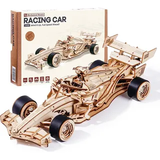 ROBOTIME 3D Puzzle Holz Holzpuzzle Erwachsene Modellbausatz Bausatz Rennwagen Racing Car, 5H-BAU, Geschenke Teenager Kinder, Mechanischer Brüllender Motor, 8-10M Vorwärtsbewegung, LK505