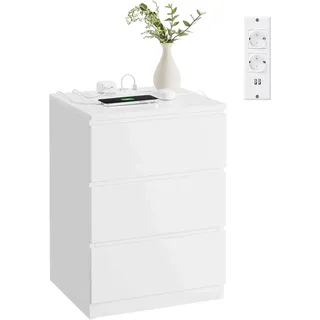 VASAGLE Kailyn Kollektion - Nachttisch mit Steckdosenleiste, Beistelltisch, 3 Schubladen, 2 AC-Steckdosen, 2 USB-A-Anschlüsse, modern, wolkenweiß LET631W14