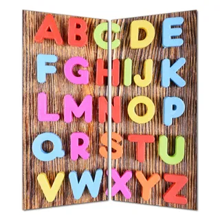 Wallario selbstklebende Duschrückwand 160 x 180 cm mit Motiv Bunte Buchstaben - Alphabet auf Holz - Wandverkleidung mit Hochglanzlaminat in Glasoptik