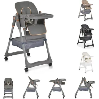 Moni Kinderhochstuhl Lindo klappbar Lätzchen Besteck Räder Korb höhenverstellbar grau - Grau
