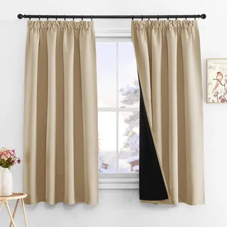PONY DANCE 100% Blickdichter Vorhang mit Kräuselband Schlafzimmer Gardinen Kurz 2er Set H 160 x B 140 cm Biscotti Beige, Thermovorhang Kälteschutz Doppellagiger Vorhang Lichtundurchlässig