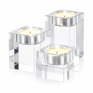 Sziqiqi Kristall Teelichthalter Deko Tisch: 8/6/4 cm Kerzenständer 3er Set | Transparenter, Quadratischer Kerzenhalter, für Teelichter, für Hochzeit, Esstisch, Wohnzimmer, Kamin, Schlafzimmer, Zuhause