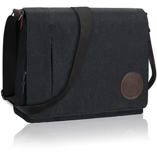 Leathario Umhängetasche Herren 14 Zoll, Messenger Bag aus Echtleder und Canvas, Arbeitstasche Studententasche Laptoptasche Schultertasche Kuriertasche Collegetasche Uni Studenten,Arbeit Schwarz