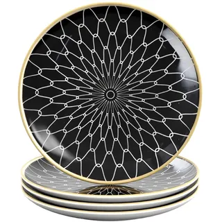 Intirilife 4x Porzellan Teller Muster Verbunden - Schwarz Weiß - Durchmesser 15.3 cm - Frühstücksteller Dessertteller Servierteller für Salat Frü