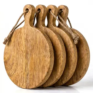 Stilvolle Mini Holz-Servierbretter mit Griff und Aufhängung, 19 x 13 x 1,5 cm, für Tapas, Snacks, Gemüse und Obst | Schneidebrett, Brettchen, Holz-Brett, Servier-Brett, klein (4er Set, rund)