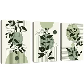 3 Pcs Boho Blätter Leinwandbilder Bilder Set mit Rahmen, Aesthetic Grüne Pflanze Bilder Moderne Wandbilder Schlafzimmer Bild Auf Leinwand Kunstdruck Deko für Wohnzimmer fertig zum Aufhängen 40x60cmx3