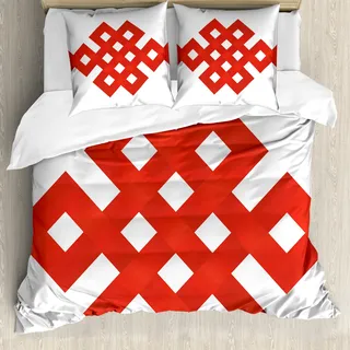 ABAKUHAUS rot Bettbezug, Verschlungene Linien mit Quadraten, Milbensicher Allergiker geeignet mit Kissenbezügen, 155 cm x 220 cm - 80 x 80 cm, rot-Weiss