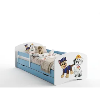 Happy Babies Kinderbett mit Rausfallschutz Junge 160x80 Bett für Kinderzimmer mit Schublade Matratze Einzelbett für Kinder Blau Hundemotiv - Blau