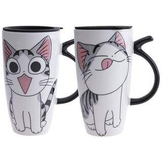 lachineuse - 2er-Set Lucky Cat Tasse 600 ml - Große XXL Weiße Porzellantasse - Japanische Tee- & Kaffeetasse - Mit isoliertem Deckel - Kawaii Glückskatze Becher - Japan Asien Tasse - Riesentasse