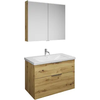 burgbad Eqio Set, bestehend aus Spiegelschrank, Keramik-Waschtisch und Waschtischunterschrank, Breite 930mm, SFAN093F5662C0001G0146, Farbe: Eiche Dekor Urban / Eiche Dekor Urban, Griff Chrom G0146