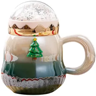 YDoLimmer Keramik Weihnachtstasse Perlenglanz Weihnachtsbecher Kaffeetasse mit Deckel für Heiß- & Kaltgetränke Kaffeebecher Porzellanbecher Neujahrsgeschenk (Grün)
