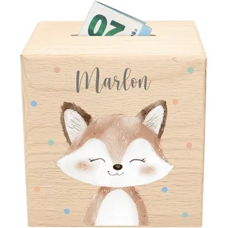 Fuchs Spardose für Kinder personalisierte Sparbox aus Holz Waldtiere Holzspardose mit Schlüssel Geldgeschenk für Jungen & Mädchen