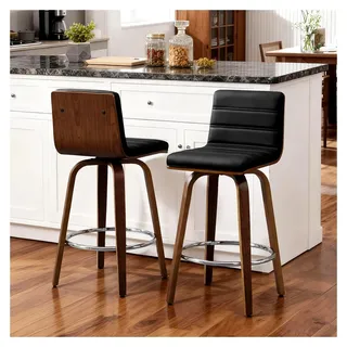 Drehbarer Barhocker 2er Set, Kunstleder mit Lehne, 65 cm Sitzhöhe, Küchenstühle mit Holzbeinen und Fußstütze