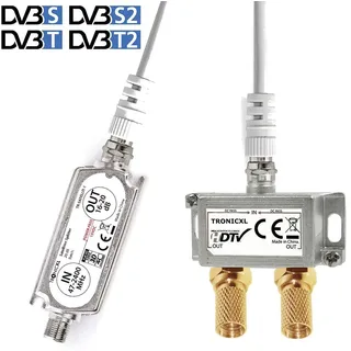 TronicXL Premium 2-Fach Antennenverteiler Splitter mit Sat Verstärker digital HD I für Satellit TV DVBT DVBS Unicable 3D 4K HDTV I Verteiler Weiche Inline für 2 Fernseher (2-Fach Silber)