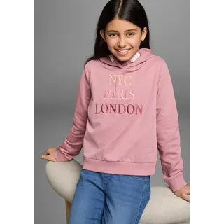 Kapuzensweatshirt KIDSWORLD "NYC Paris London - Stickerei", Mädchen, Gr. 176/182, rosa (altrosa), Sweatware, Obermaterial: 100% Baumwolle, bestickt, gerade taillenbedeckt, Bündchen, Sweatshirts Kapuzensweatshirt, Langarm, gerade Passform, bedruckt, Kapuze, aus Baumwolle, Topseller