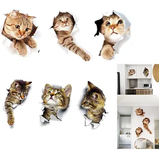 Wandtattoo, Katze, 6 Stück, wasserdicht, 3D-Wandaufkleber, Katze, selbstklebend, abnehmbar, Dekoration für Haus, Schlafzimmer, Wohnzimmer, Kinderzimmer