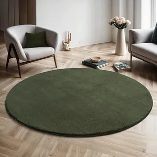 Mia's Teppiche Comfort Moderner Flauschiger Kurzflor Teppich, Anti-Rutsch Unterseite, Waschbar bis 30 Grad, Super Soft, Felloptik, Forest, 200 cm Rund