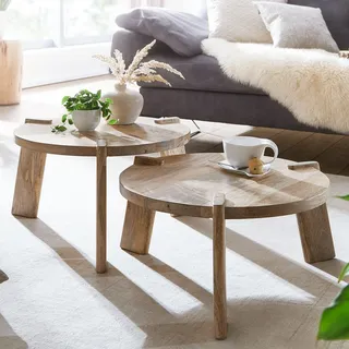 FineBuy Couchtisch Set 2er Mango Massivholz rund Natur · Wohnzimmertisch Beistelltisch im Japandi Design · Handgefertigte Satztische aus Echtholz - Beige