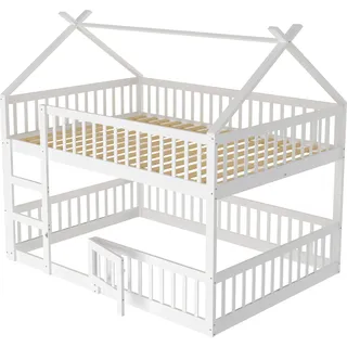 Etagenbett mit 2 Liegeflächen, Lattenrost und Trittleiter, 140x200 cm, Kinderbett mit Rausfallschutz, Kiefer - Weiß