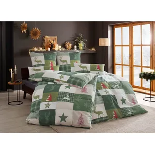 Home Affaire Nicholas Weihnachtsbettwäsche Linon Grün 135 x 200 cm + 80 x 80 cm