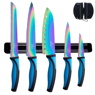 SiliSlick Messerset, 5 Scharfe Küchenmesser als Set | Titanbeschichtung mit Regenbogeneffekt, Inklusive Magnetleiste für Messer und Messerschärfer (Blau Griff | Schwarze Leiste)