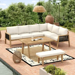 Flieks Gartenlounge-Set 6-tlg. aus Akazienrahmen, Gartenmöbel-Set für 7-8 Personen, Sofagarnitur Gartengarnitur mit Hocker & Tisch, Creme - Naturbelassen