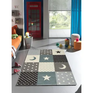 Mia's Teppiche Marie Kinderteppich, Teppich Kinderzimmer, Junge & Mädchen, Pastell, Modern, Kariert, Punkte, Herzen, Mond-blau, 120x170 cm