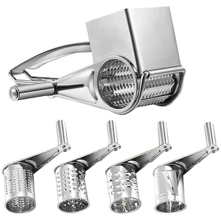 TICFOX Gourmet Parmesanreibe Kurbel, Käsereibe mit Kurbel, Edelstahl Rotationskäsereibe Set mit 4 Trommeln Manueller Käseschneider Scheibenschneider Zerkleinerer Mühle für Käse, Brot, Schokolade