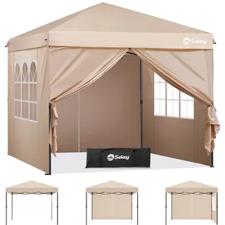 Sekey Pop Up Pavillon 3x3 Wasserdicht Stabil, Faltpavillon 3m x 3m mit Seitenwänden, Partyzelt Faltbar für Camping Party, Stufenlos Höheverstellbar 250 bis 270cm, Premium Serie 3x3, Khaki