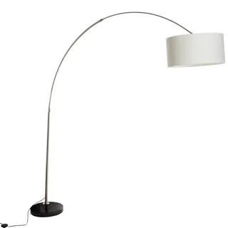 Qazqa - Modern Bogenlampe Stahl I Silber I nickel matt Stoffschirm weiß 50 cm - XXL I Wohnzimmer - Stahl Länglich - LED geeignet E27