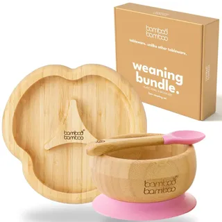 bamboo bamboo Baby Teller Baby Geschenk, Kindergeschirr set mit Sugnapf Teller Baby Schüssel und Baby Löffel, Kindergeschirr mit Saugnapf ab 6 Monaten (Divider, Rosa)