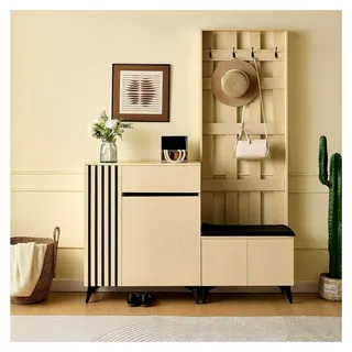 Garderobenset mit Schuhschrank, Haken, Sideboard und Sitzbank für den Flur, Kompaktgarderobe, Kombinationsset, Helle Holzmaserung