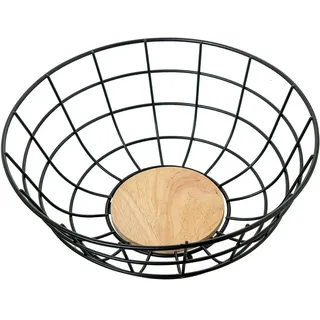 DRW Runde Obstschale aus Metall und Holz in Natur und Schwarz, 28 x 28 x 11 cm