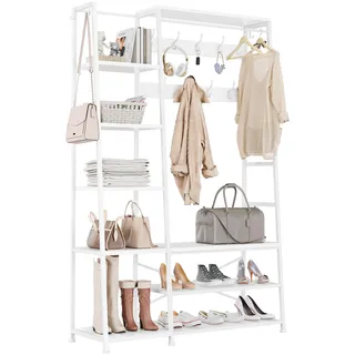 YITAHOME Garderobenständer, Großer Garderobe mit Bank, Industriegarderobe mit Schuhablage, Bodenstehende Kleiderstange mit 9 Haken und 5 Ablagen, Kleiderständer für Flur, Wohnzimmer, Schwarz