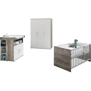Home Affaire "Henning", Set, inkl. Lattenrost, 5 Stk. tlg. Kleiderschrank, Kinderbett, Wickelkommode, Seiten und Wickelkomm-Regal, platinum, oak, nachbildung, weiß