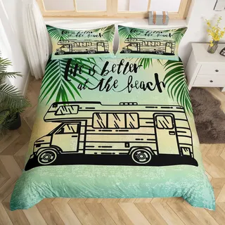 Wohnmobil Bettwäsche-Set für Mädchen Camper Jungen Bettwäsche 135x200 Teenager Kinder glücklich Camping Bettbezug Urlaub Strand Ozean Kokosnussbaum Sommer Bettwäsche Wohnmobil Reisen Auto Camping