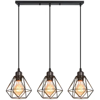 TOKIUS 3-flammig Pendelleuchte Vintage Industrial Hängelampe mit Geometrischem Design E27 Lampe aus Eisen Käfig Lampenschirm Schwarz Hängeleuchte für Esstisch Küche (Pendellampe, Balken)