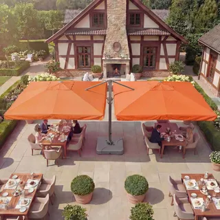Gastronomie-Alu-Luxus-Doppel-Ampelschirm T44, Pergola-Markise-Effekt, 6,2x3m Polyester 50kg terracotta + Ständer - Weiß