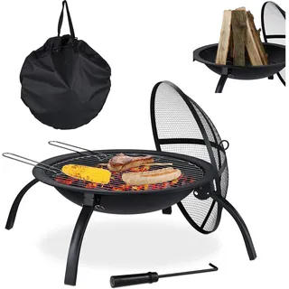 Relaxdays XL Feuerschale, mit Tasche, Grill Rost, Schürhaken, Funkenschutz Deckel, Garten, Terrasse, D 56,5 cm, schwarz