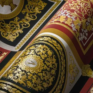 Livingwalls VERSACE WALLPAPER Barock Luxus Tapete Floral 387046 Rot Gold Schwarz Weiß Designer Logo 10,05x0,70m Made in Germany