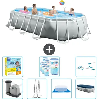 Intex Oval Prism Frame Swimmingpool – 503 x 274 x 122 cm – Grau – inklusive Pumpe – Leiter – Bodenplane – Abdeckung Wartungspaket - Filter - Reinigungskit