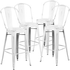 Flash Furniture Barhocker mit Rückenlehne aus Metall, 76,2 cm hoch, Used-Look, 4 Stück, weiß, 4er-Set