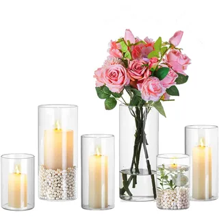 Hewory 6 Windlicht Glas für Tischdeko 3 mm Dicke Glaszylinder für Kerzen | Hitzeglas, Div. Größen, Klare Kerzengläser Große Glasvase Zylinder Set für Hochzeitsdeko Kerzenglas für Deko Wohnzimmer