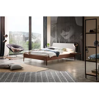 Hasena Massivholzbett, Kopfteil gepolstert Fanano, Farbe: Nussbaum, geölt, Bezugsfarbe: Pepe grey, verschiedene Größen - 20 cm/180 x 210 cm