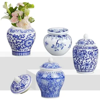 UNICRAFTALE 4 Stück 4 Teiliges Set Aus Blau Weißen Keramik Ingwergefäßen Mit Deckel Porzellan Chinoiserie Dekorvasen Für Zuhause Tisch Regal Schlafzimmer Akzent Im Asiatischen Stil Dekor Gefäße