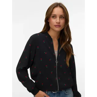 Blouson VERO MODA "VMCOCO L/S BOMBER AOP WVN NOOS", Damen, Gr. S, schwarz aop:rot cherry, Web, Obermaterial: 96% Polyester, 4% Elasthan, bedruckt, regular fit normal, Rippbündchen, Jacken Blouson, Materialmix
