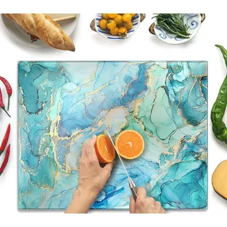 Kitchenville Glasschneidebrett 50×40 cm – Hygienisches Schneidebrett aus gehärtetem Glas – Hitzebeständig, Kratzfest & Rutschfest – Glasplatte für die Küche – Türkis Ocean
