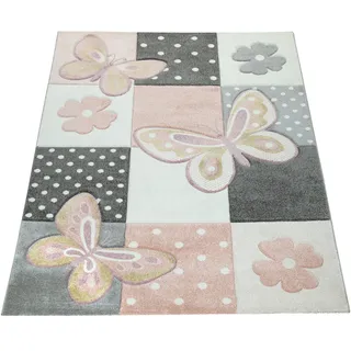 Kinderteppich PACO HOME "Cosmo 220", bunt (mehrfarbig), B:240cm H:12mm L:340cm, Polypropylen, Teppiche, Kinderteppich, 3D-Design, Patchwork Muster, niedliches Motiv Schmetterlinge & Punkte